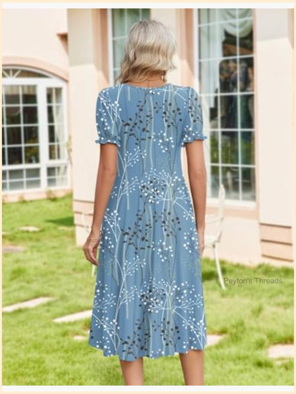 Women's Casual Midi Dress with Puff Sleeves, Pleated Flowy Sundress with - Picture 2 of 7